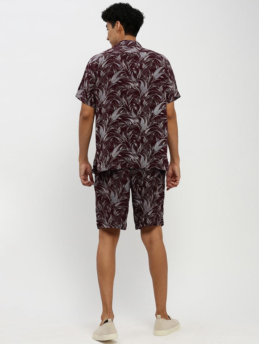 men burgundy tropical print cotton blend co-ord set - 20384316 - Standard Image - 2