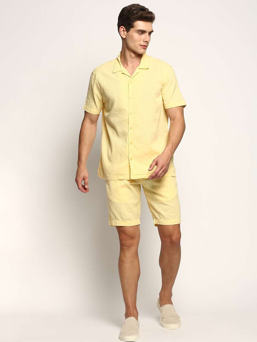 men lemon sherbet solid cotton blend co-ord set