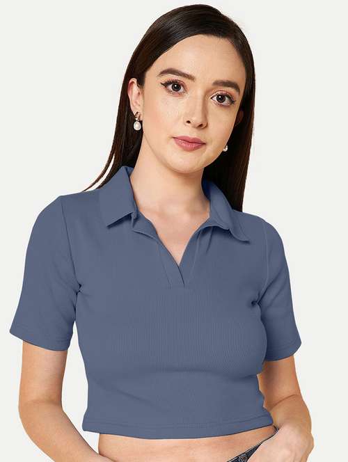 women blue solid polo neck crop top - 20385539 -  Standard Image - 0