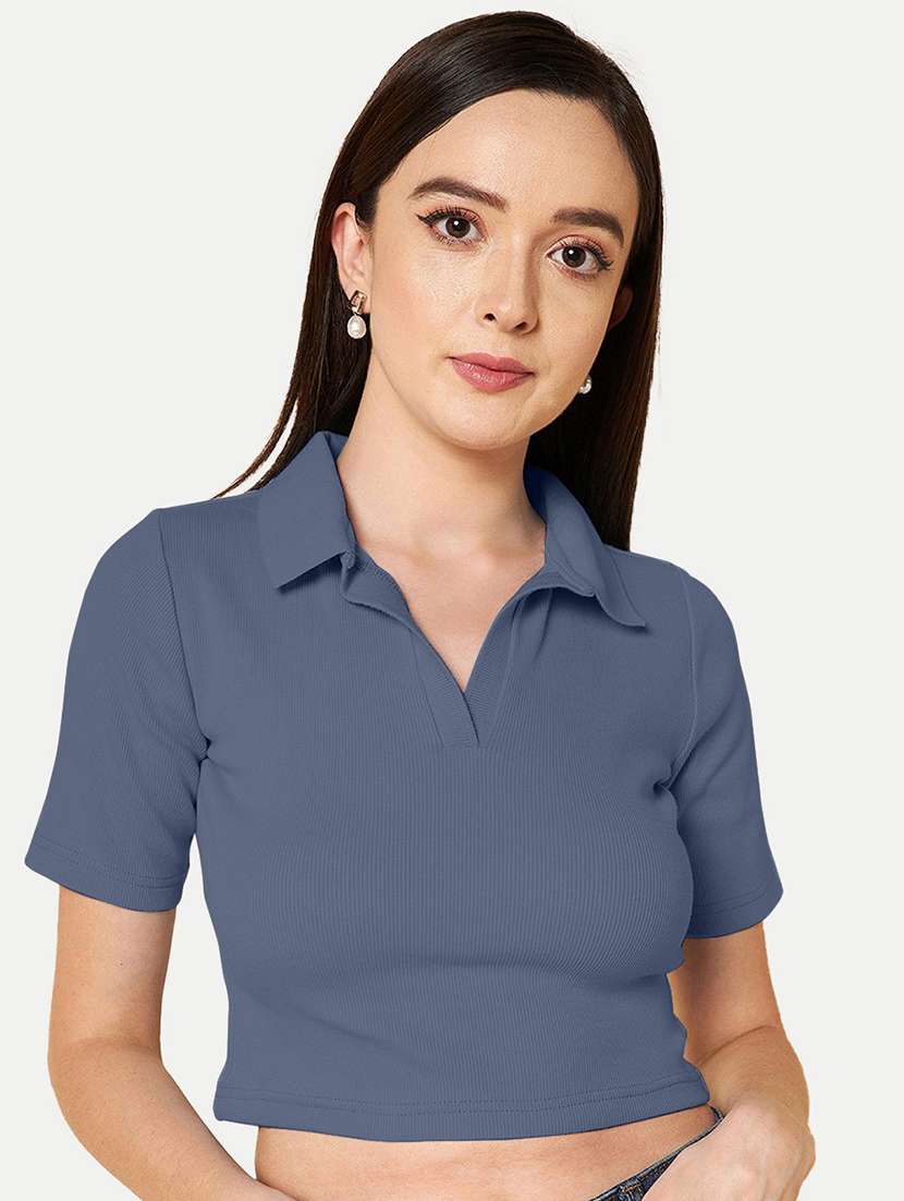 women blue solid polo neck crop top - 20385539 -  Zoom Image - 0
