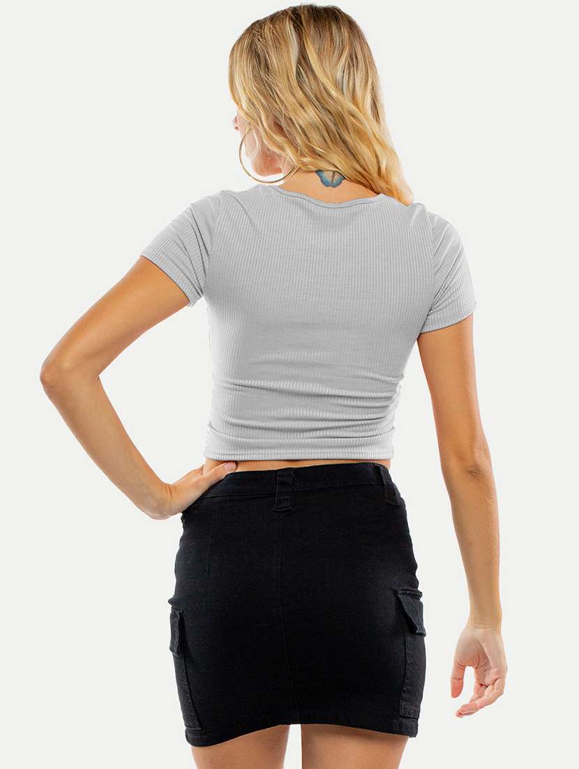 grey solid short sleeves crop top - 20385552 -  Standard Image - 2