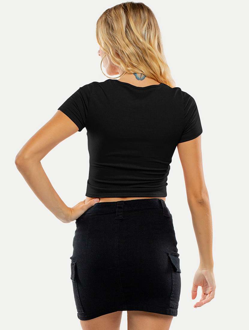 women black solid short sleeves crop top - 20385554 -  Standard Image - 2