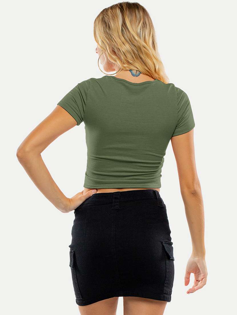 women green solid short sleeves crop top - 20385556 -  Standard Image - 2