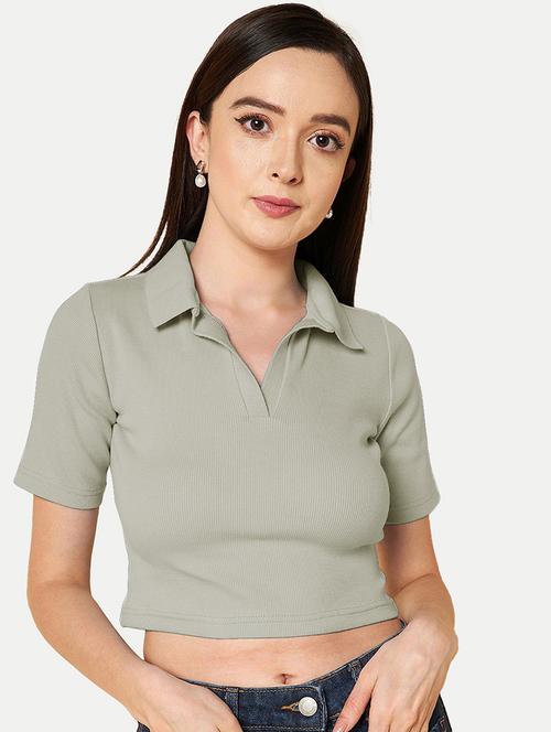 women grey solid polo neck crop top - 20385594 -  Standard Image - 0
