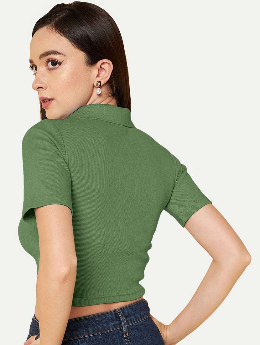 women green solid polo neck crop top - 20385595 -  Standard Image - 2