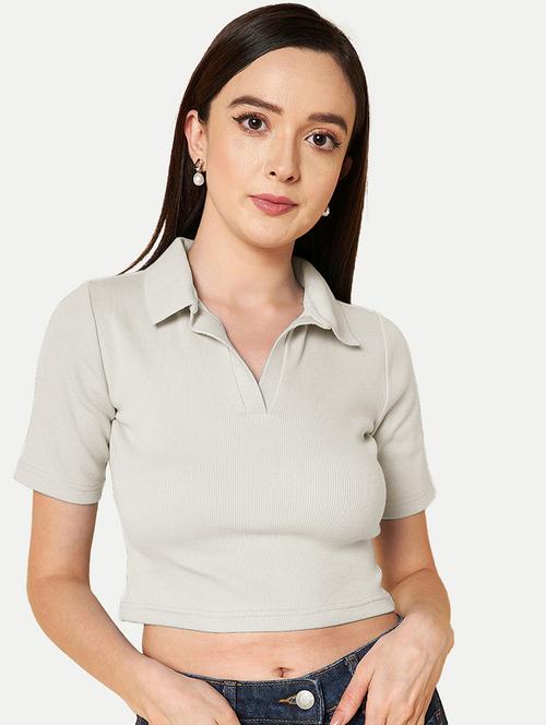 grey solid polo neck crop top - 20385596 - Standard Image - 0