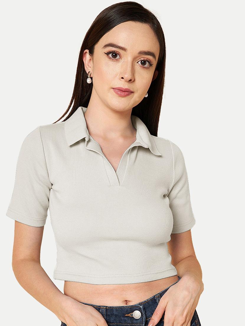 grey solid polo neck crop top - 20385596 - Zoom Image - 0