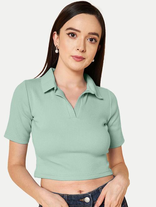 women green solid polo neck crop top - 20385598 -  Standard Image - 0