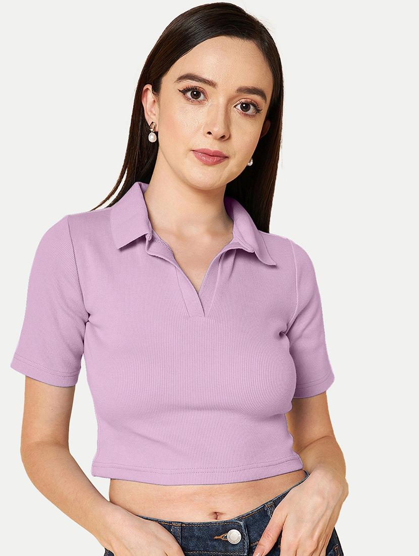 women lavender solid polo neck crop top - 20385599 - Zoom Image - 0