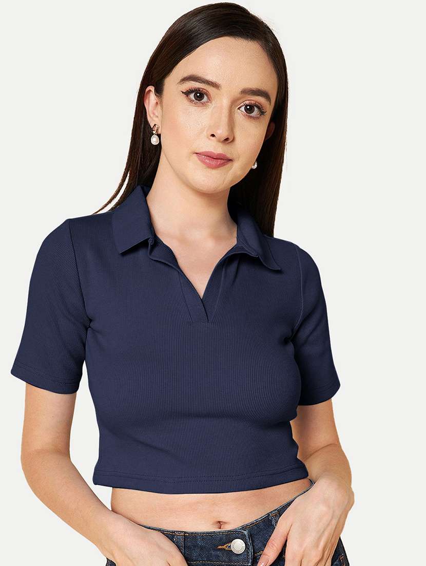 navy blue solid polo neck crop top