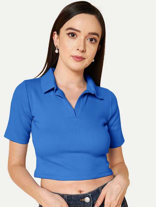 women blue solid polo neck crop top - 20385601 -  Standard Image - 0