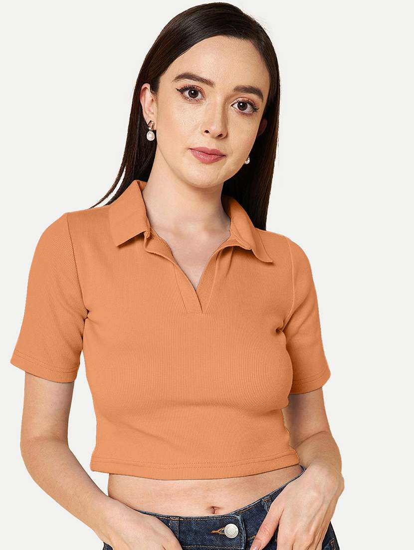 orange solid polo neck crop top - 20385604 -  Zoom Image - 0