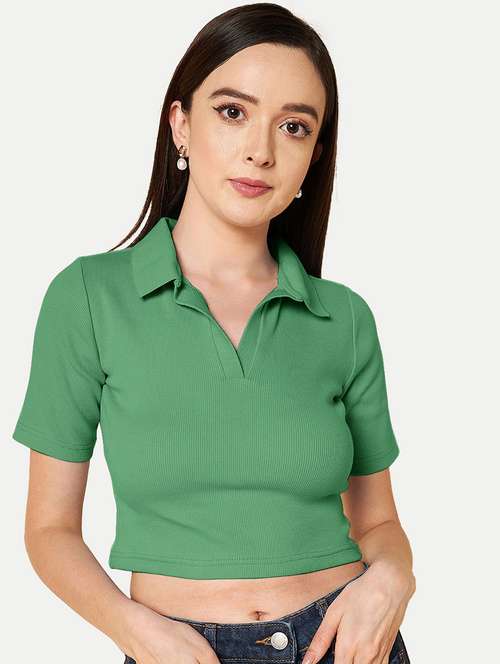 green solid polo neck crop top - 20385606 - Standard Image - 0
