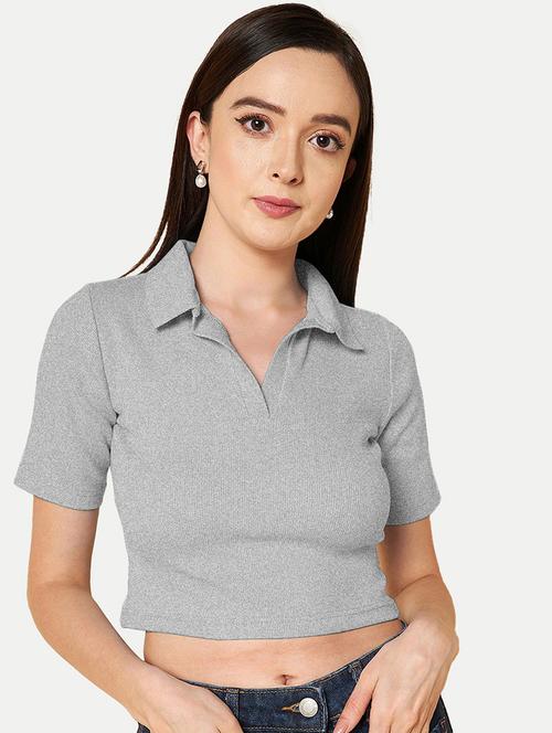 women grey solid polo neck crop top - 20385607 -  Standard Image - 0