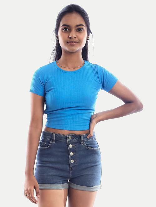 women blue solid back tie up crop top - 20385651 - Standard Image - 0