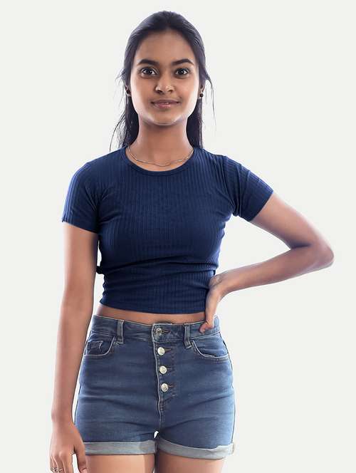 women navy blue solid back tie up crop top - 20385670 -  Standard Image - 0