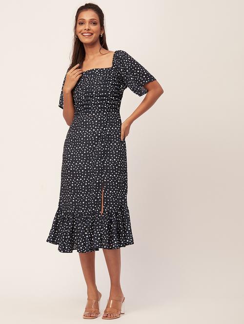 navy blue polka dots high slit dress - 20386174 -  Standard Image - 0