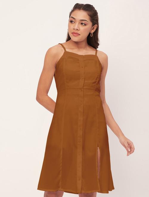 brown solid shoulder strap a-line dress - 20386195 -  Standard Image - 0