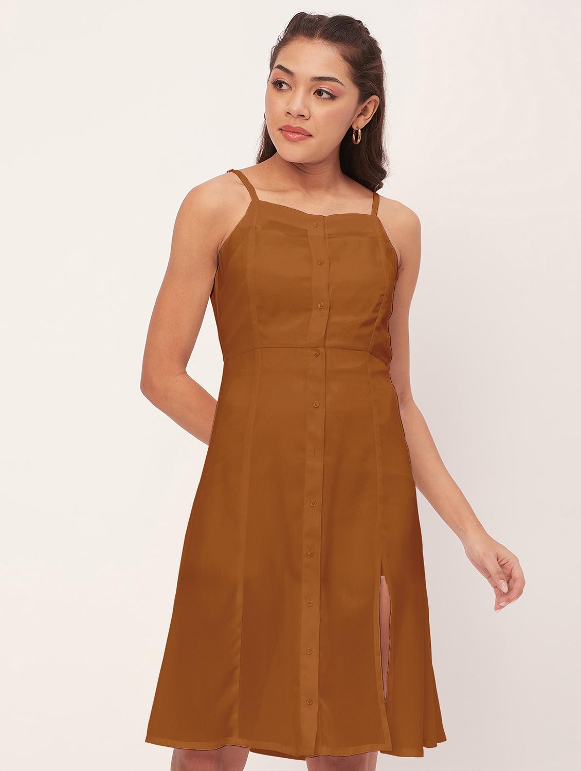brown solid shoulder strap a-line dress - 20386195 -  Zoom Image - 0