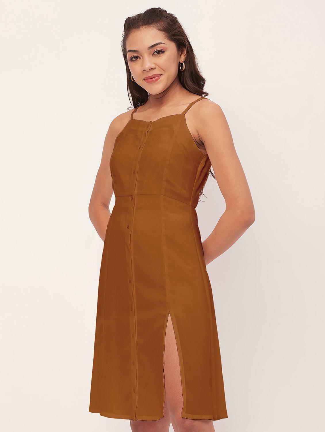brown solid shoulder strap a-line dress - 20386195 - Standard Image - 2