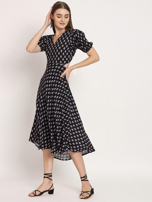black floral print puff sleeves high low dress - 20386216 - Standard Image - 0