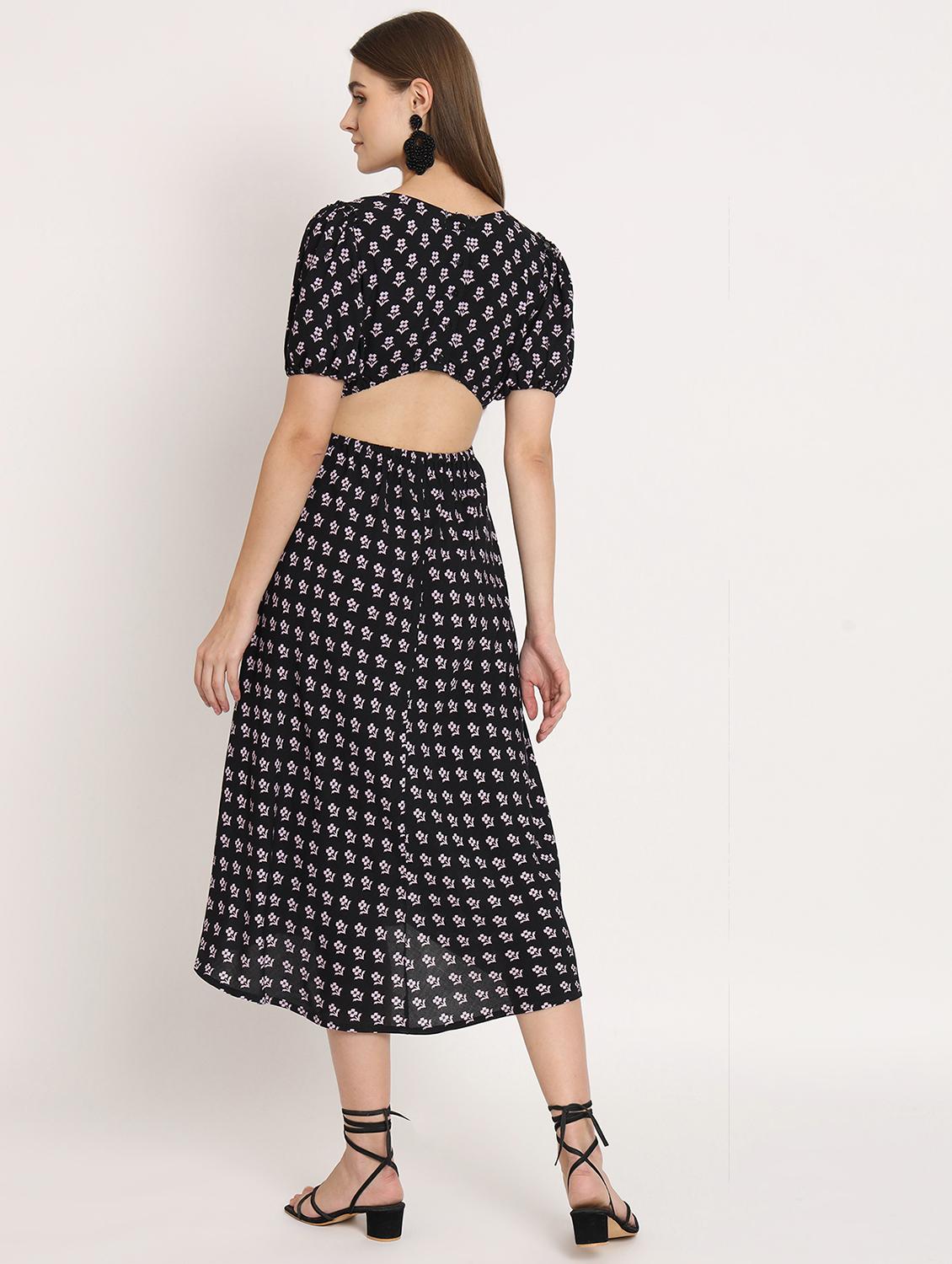 black floral print puff sleeves high low dress - 20386216 - Standard Image - 2
