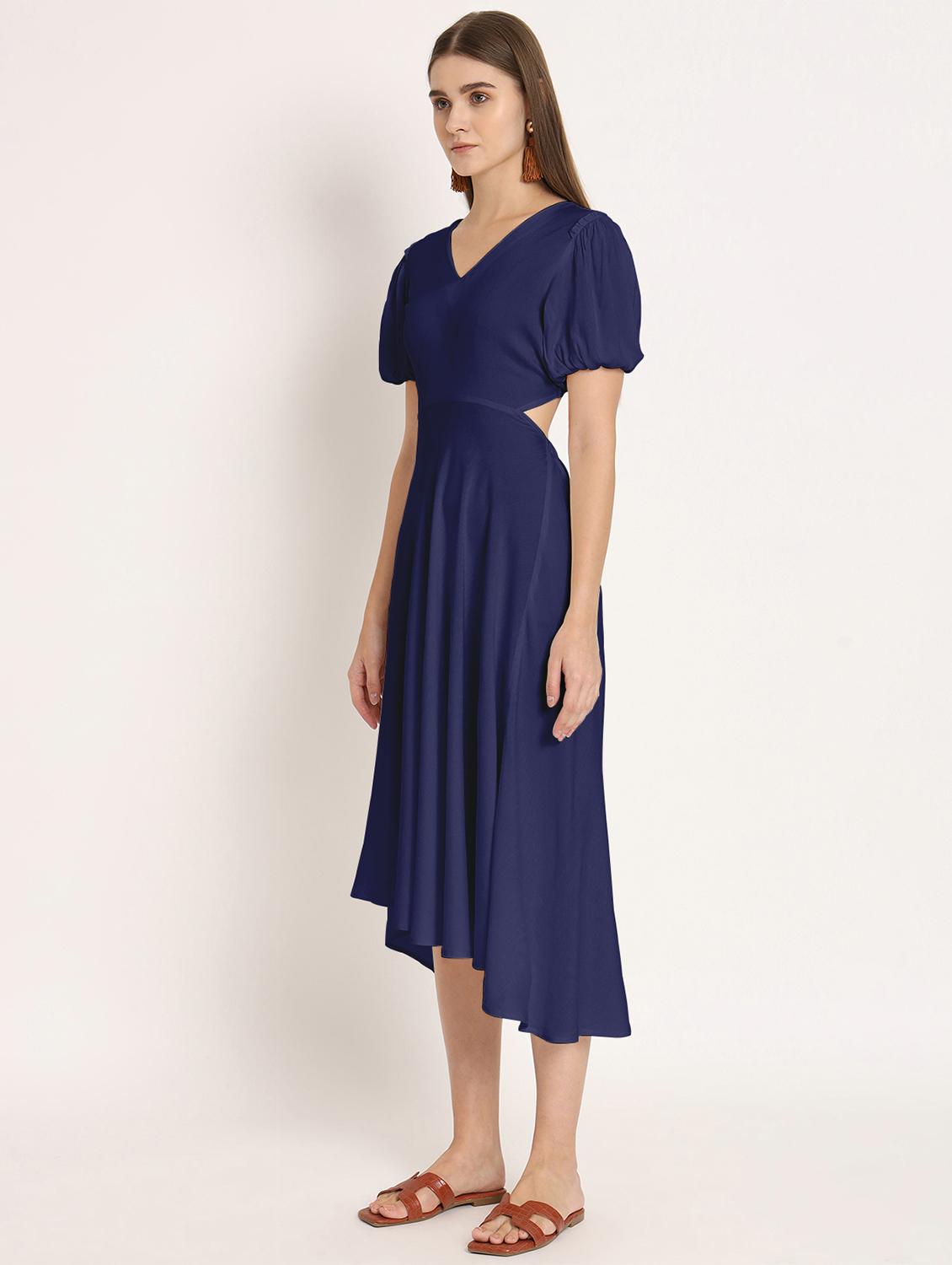 blue solid puff sleeves high low dress - 20386217 - Standard Image - 2