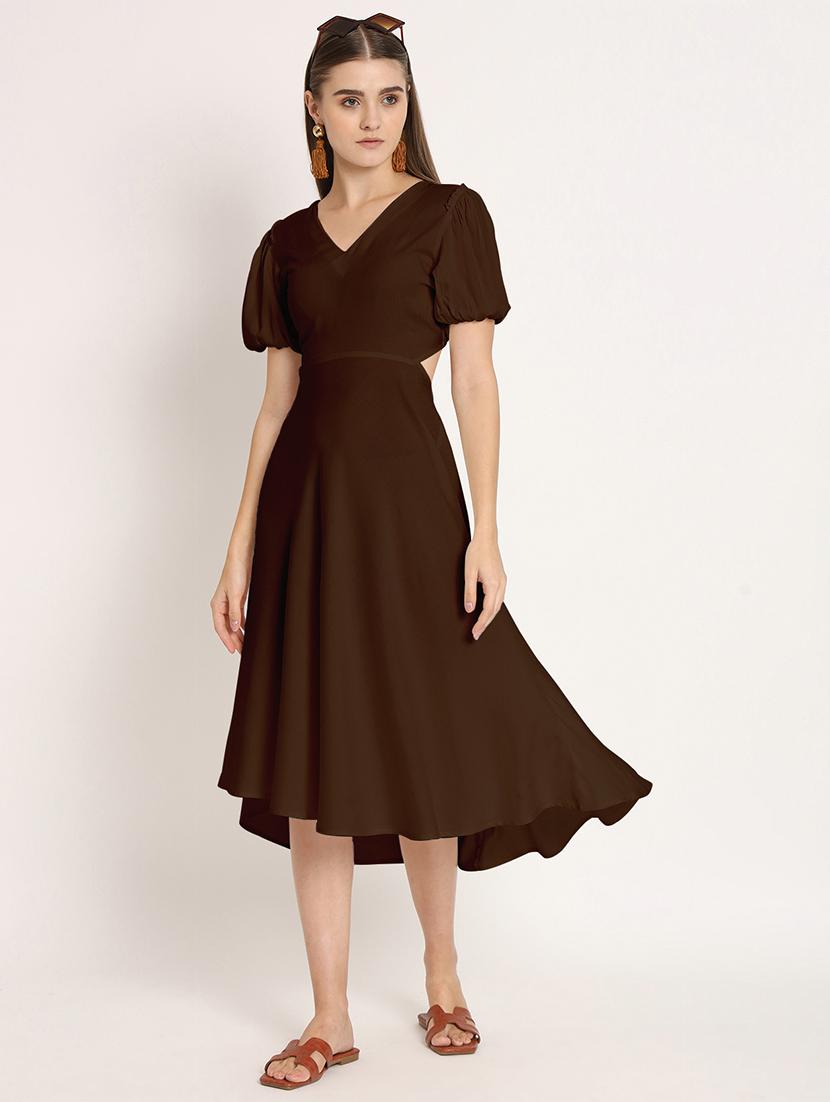 brown solid puff sleeves high low dress - 20386219 - Zoom Image - 0