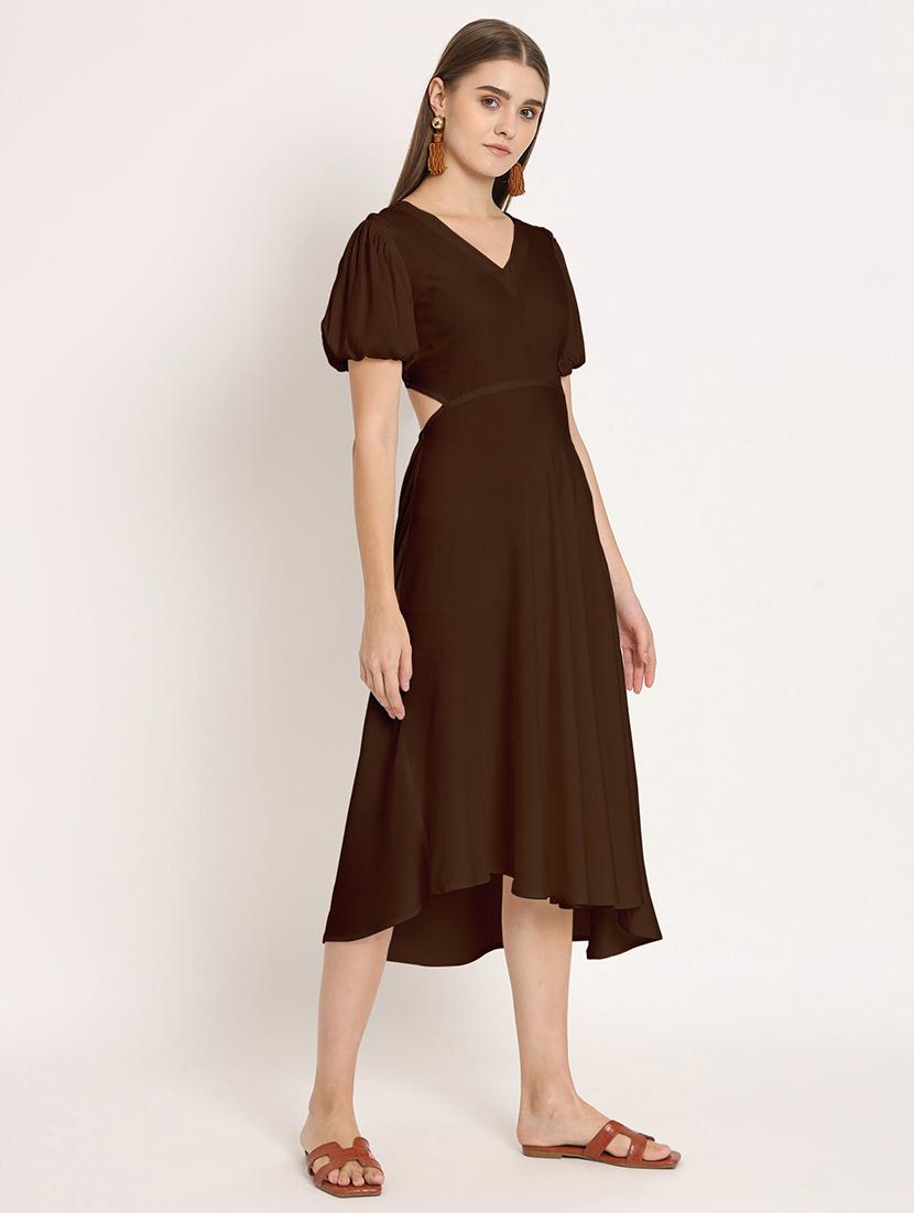 brown solid puff sleeves high low dress - 20386219 - Standard Image - 2