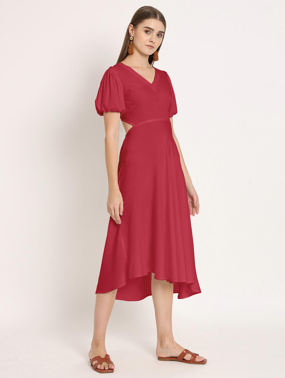 red solid puff sleeves high low dress - 20386220 - Standard Image - 2