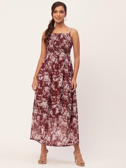 women maroon printed poly georgette fit & flare dress - 20386222 - Standard Image - 0