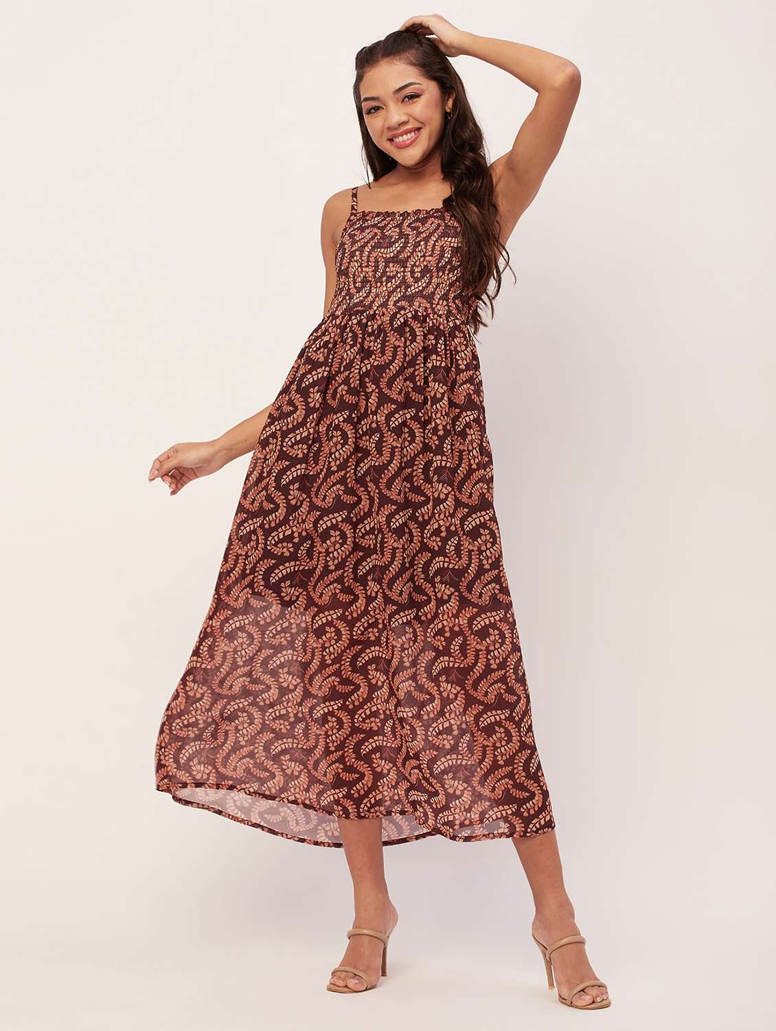 women brown poly georgette fit & flare dress