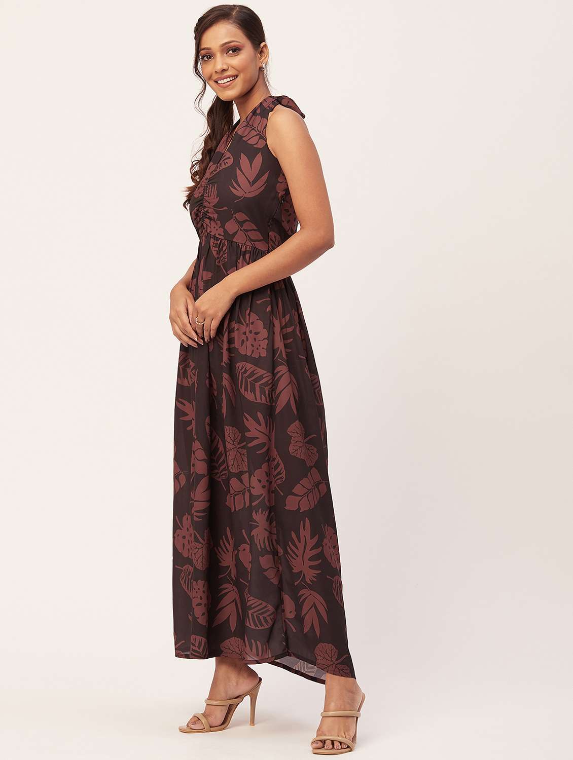women brown printed georgette a-line dress - 20386232 -  Standard Image - 2
