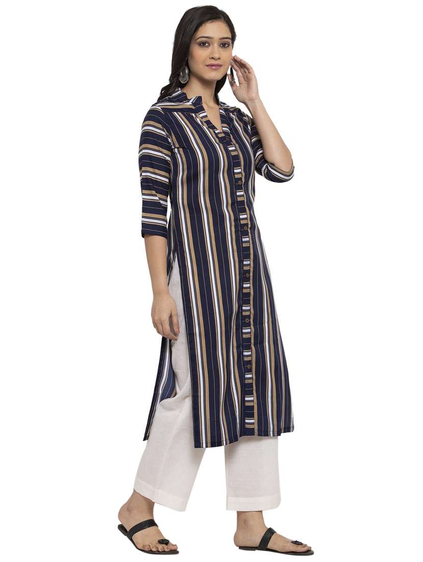 navy blue stroped mandarin neck kurta - 20386257 -  Standard Image - 2
