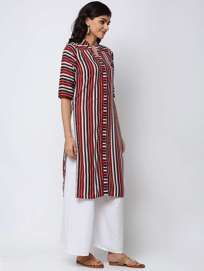 women multi color stripes mandarin neck straight kurta - 20386261 -  Standard Image - 2