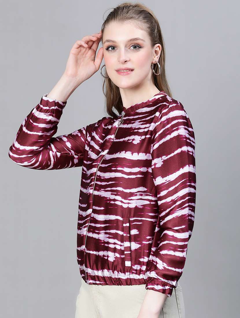 maroon printed bomber jacket - 20386414 - Standard Image - 2