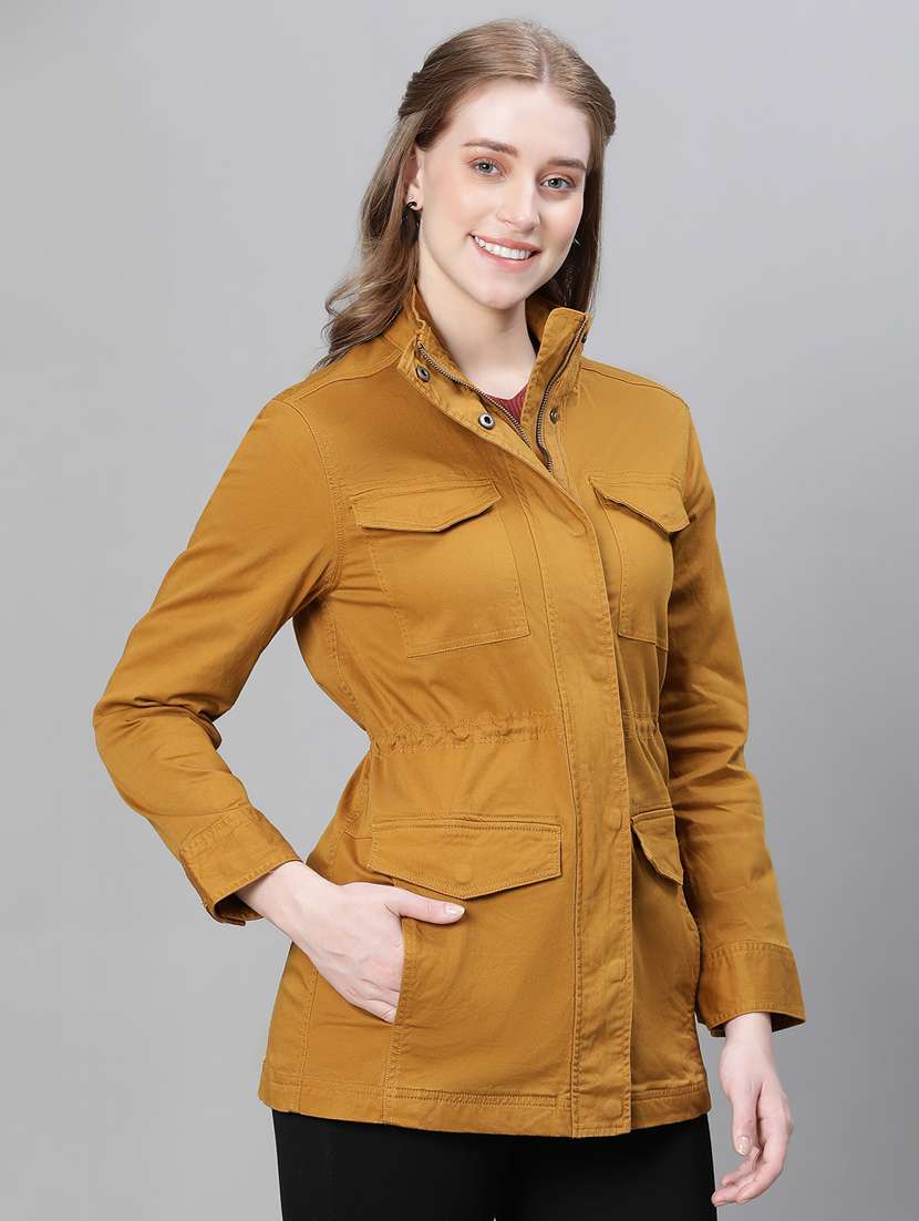women mustard solids stand collar jacket - 20386415 - Standard Image - 2