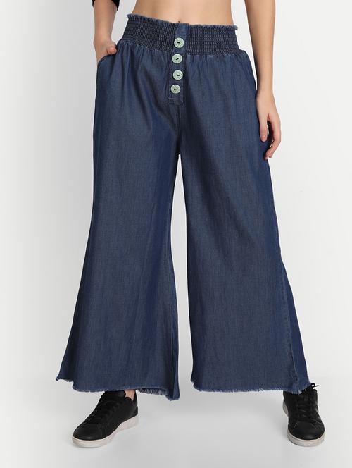 women blue solids denim palazzo - 20386841 - Standard Image - 0