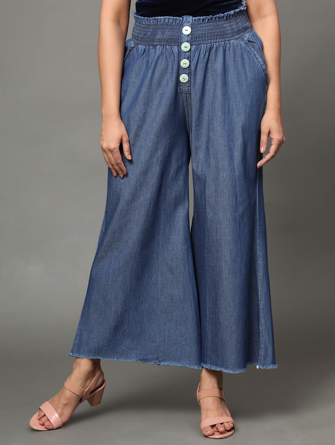 women blue solids denim palazzo - 20386843 - Zoom Image - 0