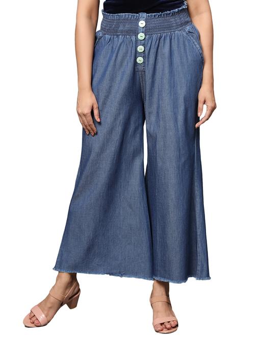 women blue solids denim palazzo - 20386845 - Standard Image - 0