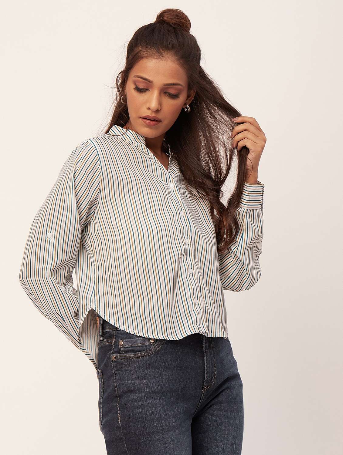 women multi color striped poly moss regular top