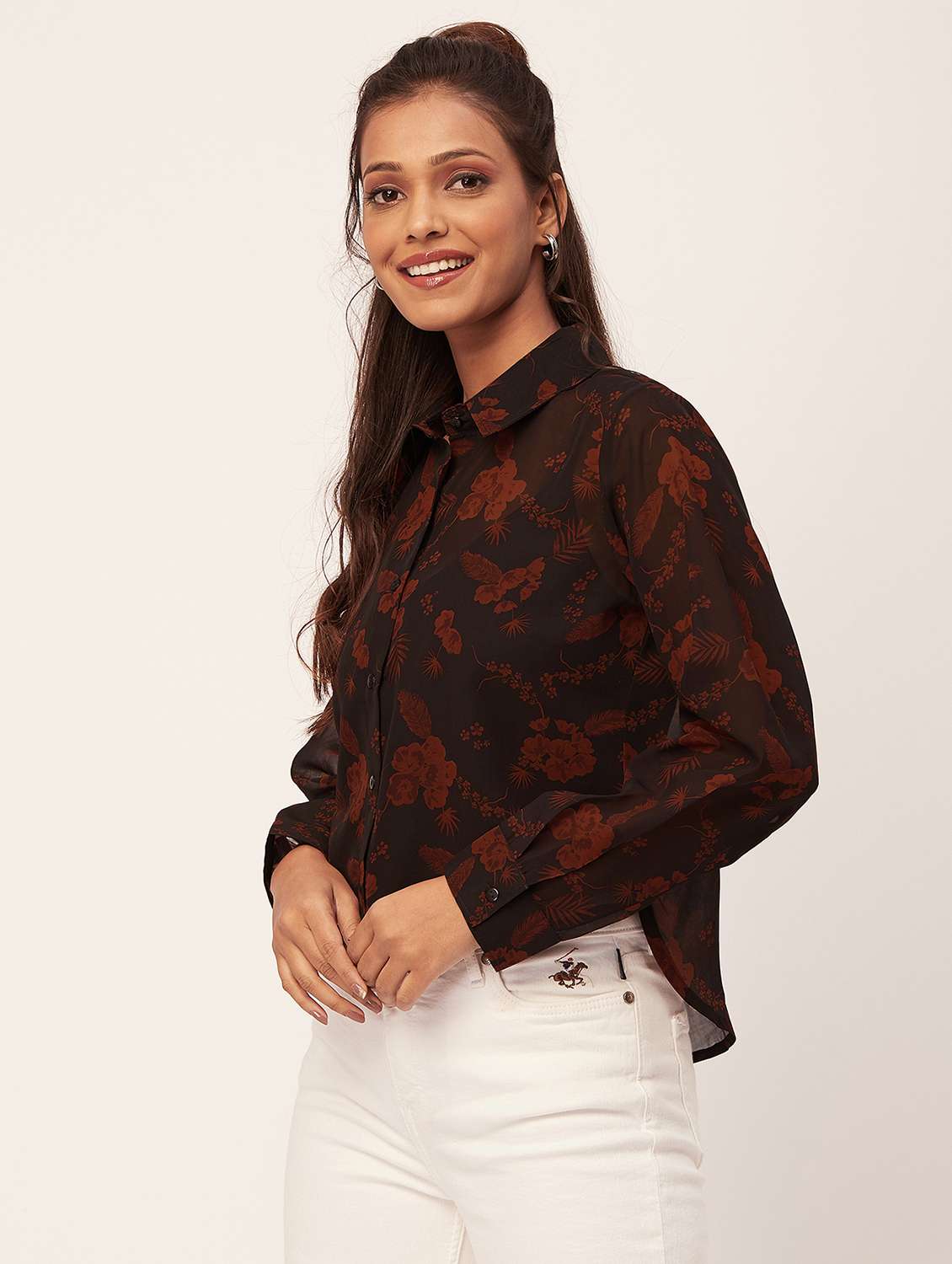 brown floral crop shirt - 20387206 -  Standard Image - 2