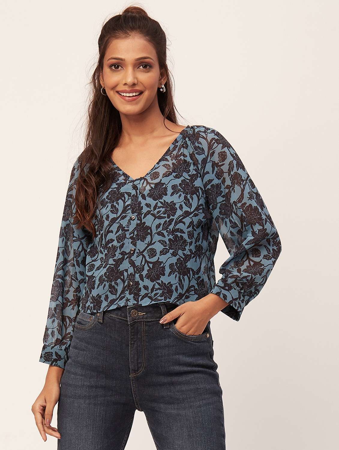 blue floral print crop top