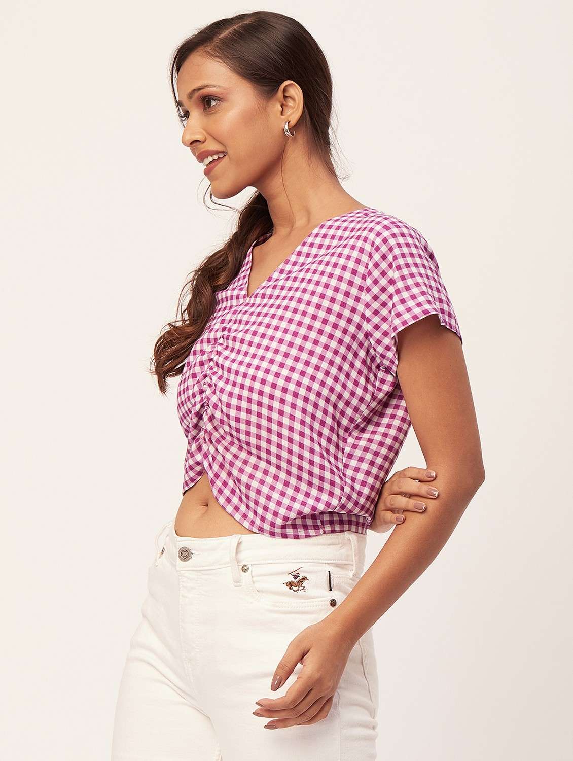 magenta and white checks crop top - 20387216 -  Standard Image - 2