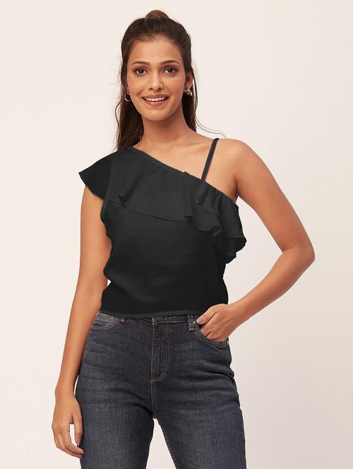 women black solid ruffled one shoulder top - 20387225 -  Standard Image - 0