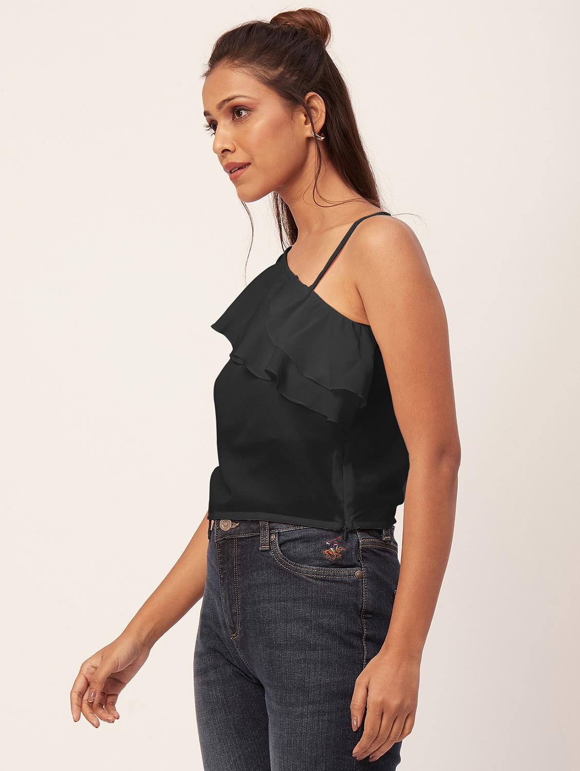 women black solid ruffled one shoulder top - 20387225 - Standard Image - 2
