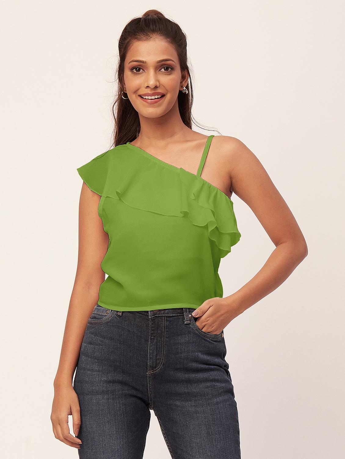women green solid ruffled one shoulder top - 20387226 - Zoom Image - 0