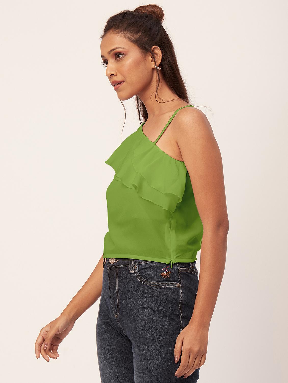 women green solid ruffled one shoulder top - 20387226 - Standard Image - 2