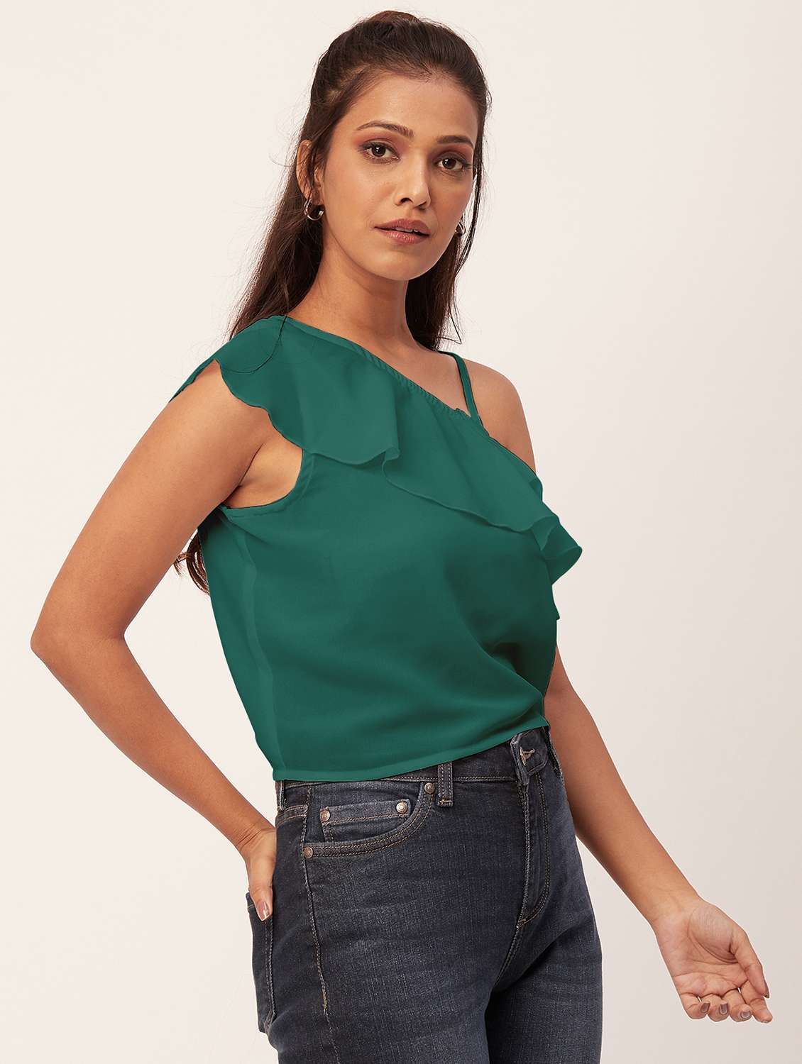 women green solid ruffled one shoulder top - 20387227 -  Standard Image - 2