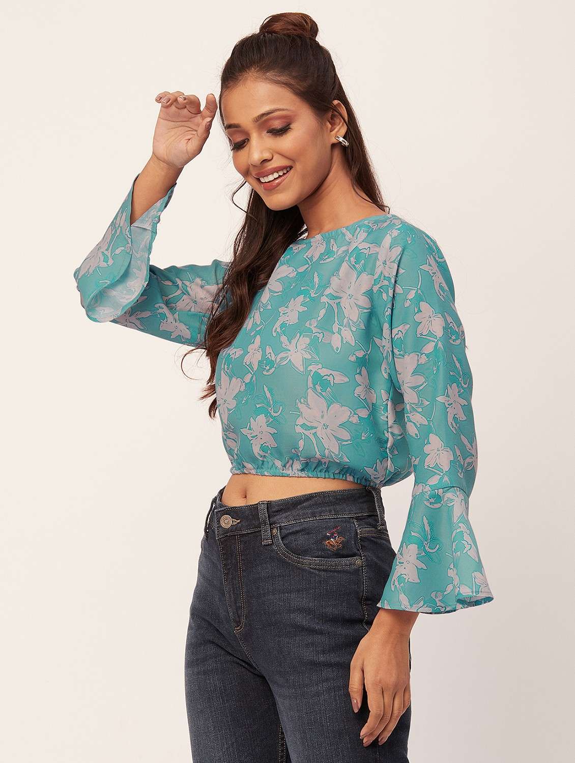 turquoise floral print blouson top - 20387243 - Standard Image - 2